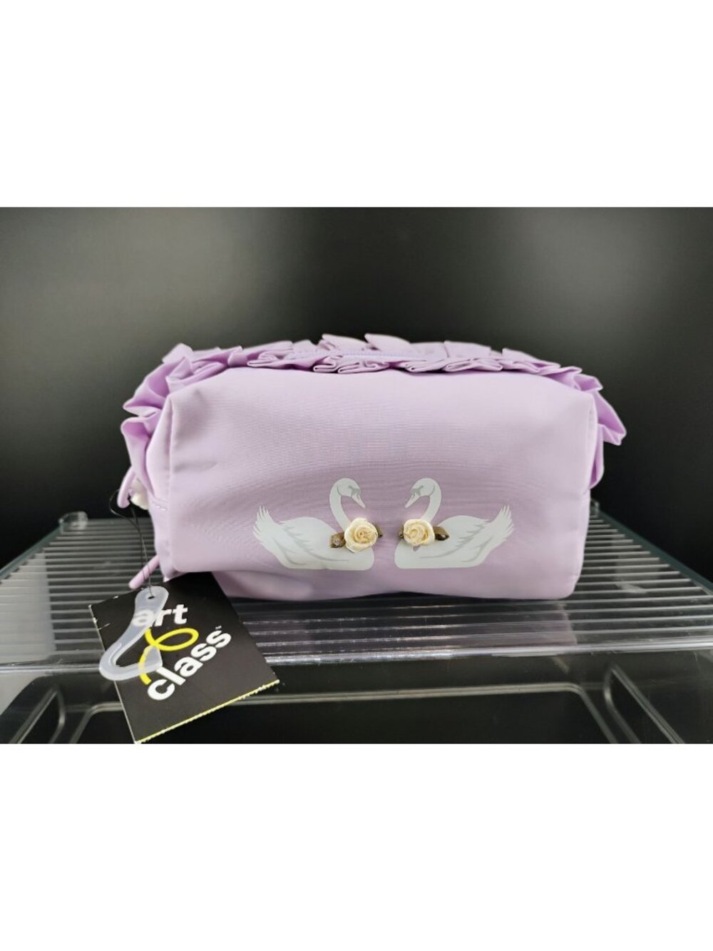 Art Class Lavender Ruffled Cosmetic Bag With Swan Print & Roses